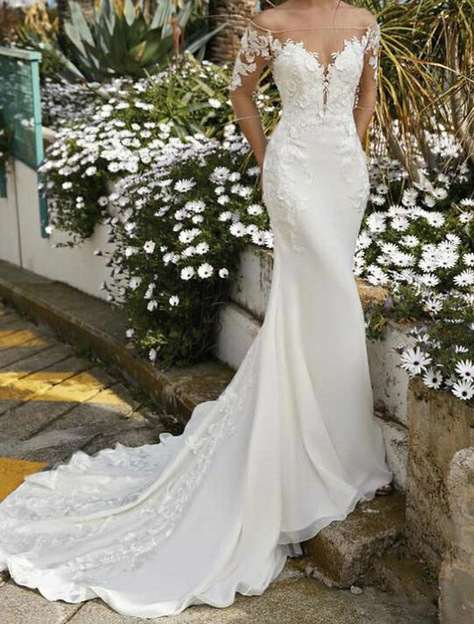 Aimishang Engagement Formal Fall Wedding Dresses Mermaid / Trumpet Off Shoulder Half Sleeve Court Train Lace Bridal Gowns With Embroidery Appliques Summer Wedding Party