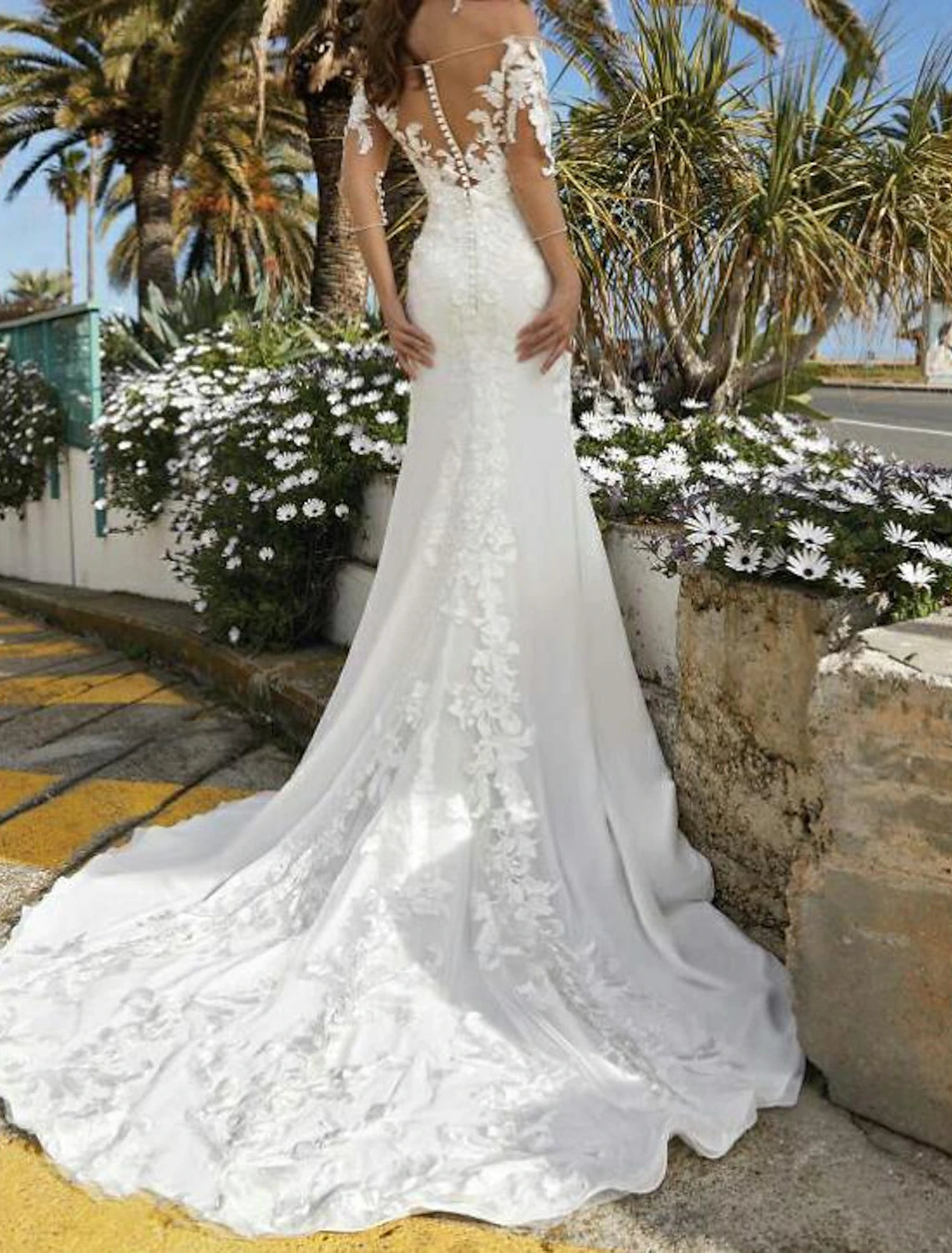 Aimishang Engagement Formal Fall Wedding Dresses Mermaid / Trumpet Off Shoulder Half Sleeve Court Train Lace Bridal Gowns With Embroidery Appliques Summer Wedding Party