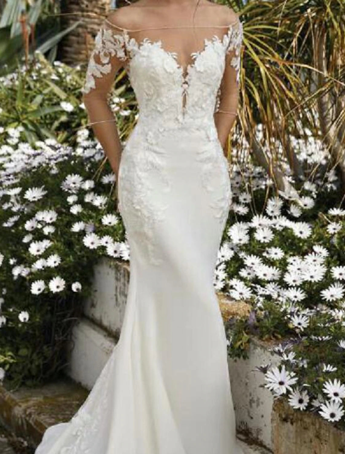 Aimishang Engagement Formal Fall Wedding Dresses Mermaid / Trumpet Off Shoulder Half Sleeve Court Train Lace Bridal Gowns With Embroidery Appliques Summer Wedding Party