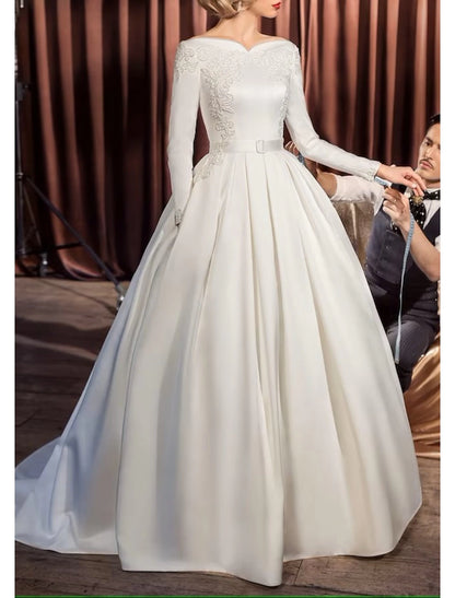 Aimishang Engagement Vintage 1940s / 1950s Formal Fall Wedding Dresses Ball Gown Off Shoulder Long Sleeve Court Train Satin Bridal Gowns With Sash / Ribbon Appliques Summer Wedding Party