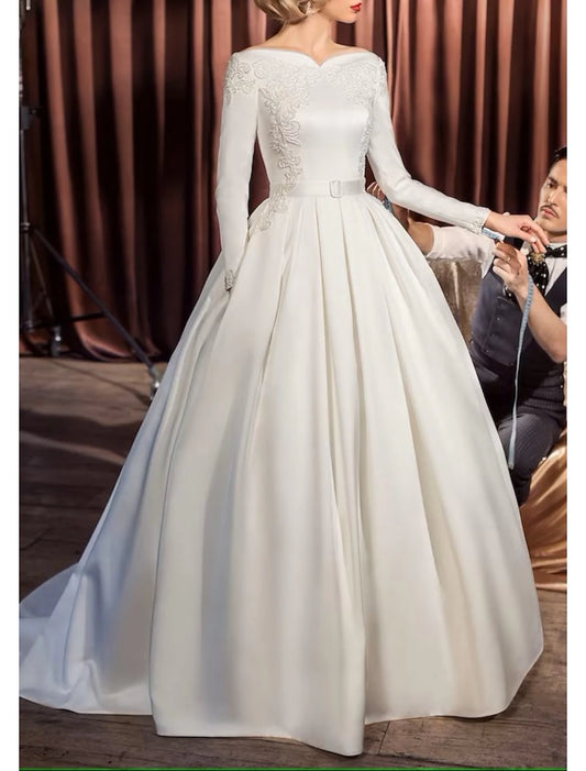 Aimishang Engagement Vintage 1940s / 1950s Formal Fall Wedding Dresses Ball Gown Off Shoulder Long Sleeve Court Train Satin Bridal Gowns With Sash / Ribbon Appliques Summer Wedding Party
