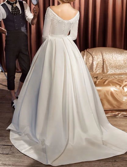 Aimishang Engagement Vintage 1940s / 1950s Formal Fall Wedding Dresses Ball Gown Off Shoulder Long Sleeve Court Train Satin Bridal Gowns With Sash / Ribbon Appliques Summer Wedding Party