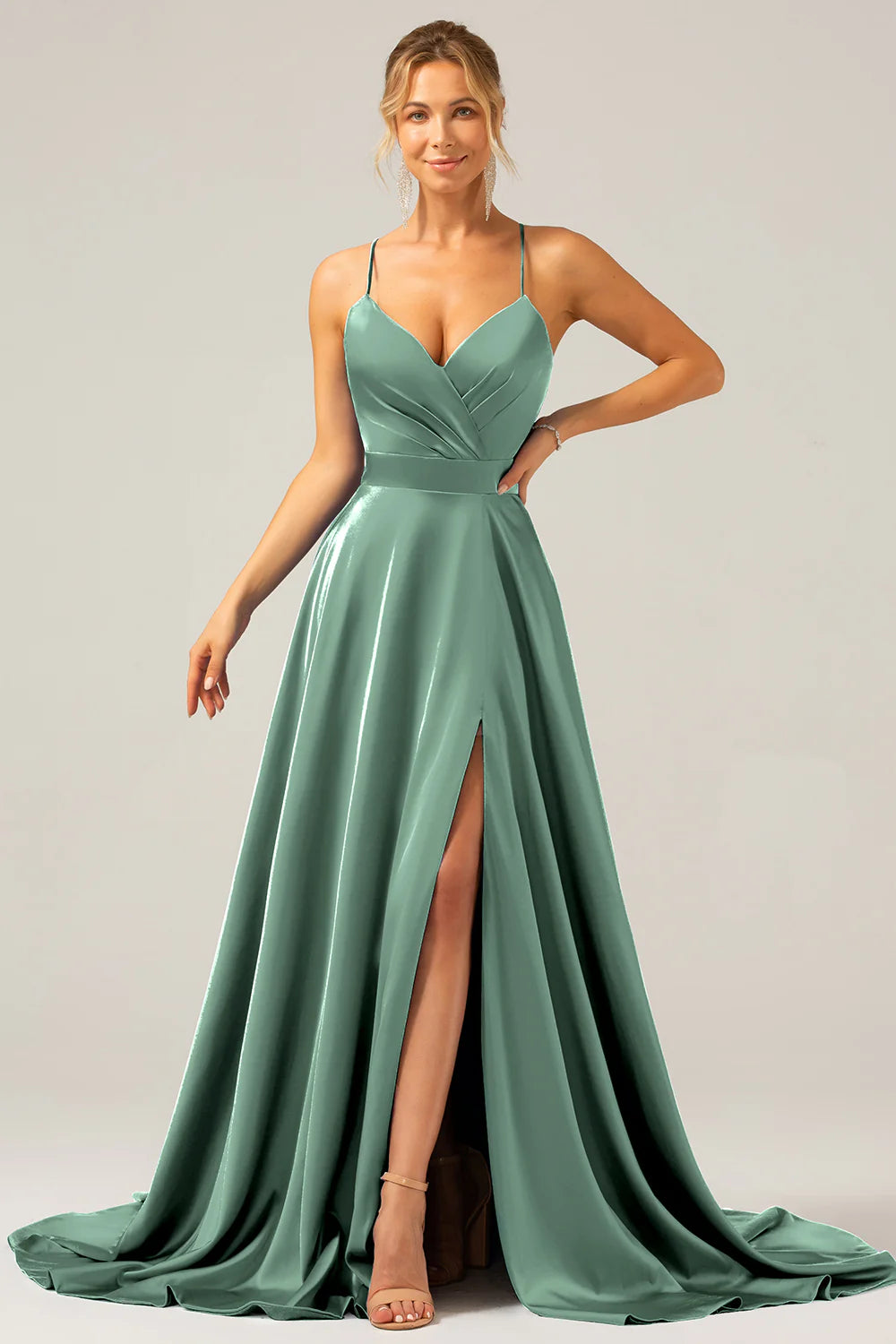 Wholesale Dark Green A Line Prom Dresses Spaghetti Straps Pleated Satin Maxi Dress with Slit