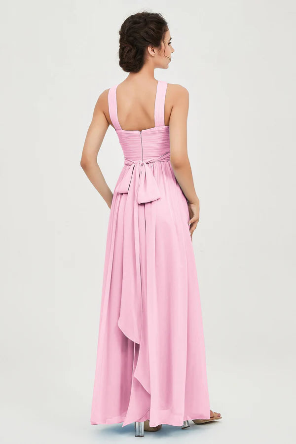 Wholesale Elegant Candy-Pink Long Bridesmaid Dress Open Back with Bowknot Wedding Guest Dresses