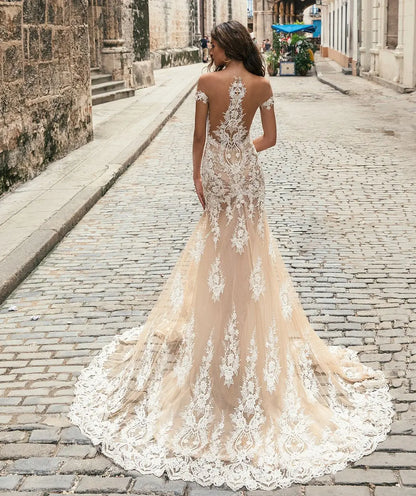 Wholesale Wedding Dresses in Color Formal Wedding Dresses Mermaid / Trumpet Off Shoulder Cap Sleeve Court Train Lace Bridal Gowns With Appliques 2023 Summer Wedding Party