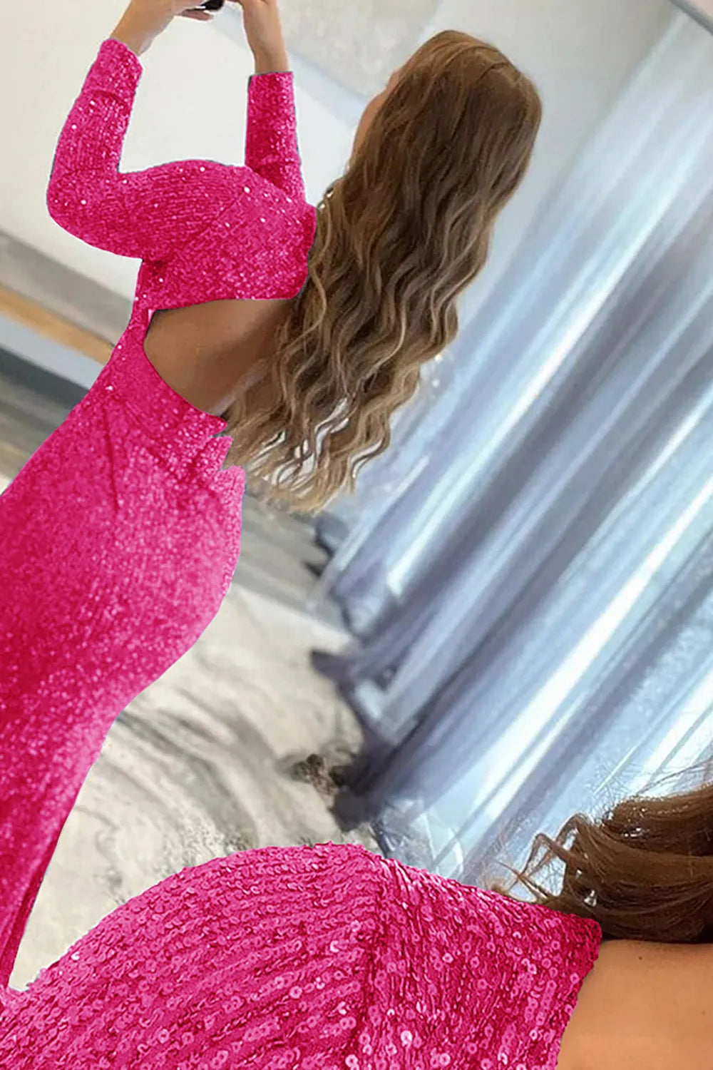 Wholesale Evening Dress Mermaid Glitter Navy Sequins Mesh Backless Prom Dress