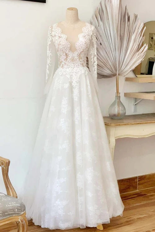 Wholesale Elegant A-Line Illusion Crew Neck White Lace Wedding Dress