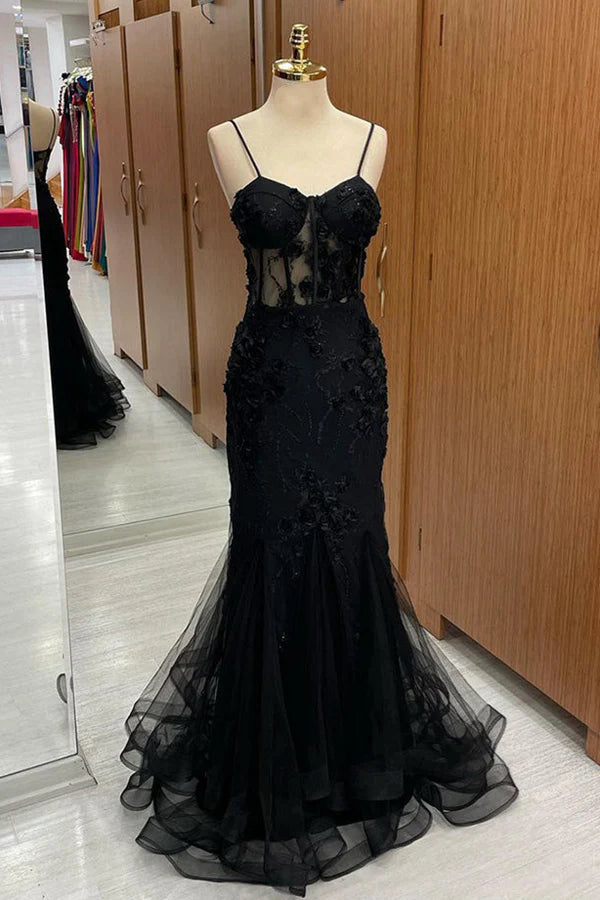 Wholesale Fashion Black Sweetheart Evening Dress Straps Mermaid Appliques Tulle Long Prom Dress