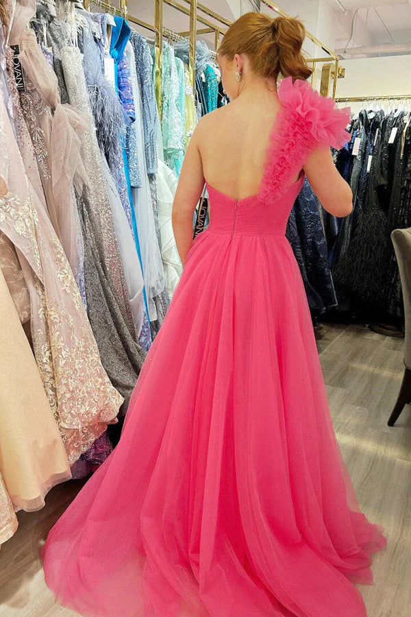 Wholesale Elegant A-Line One Shoulder Long Tulle Prom Dress with Ruffles