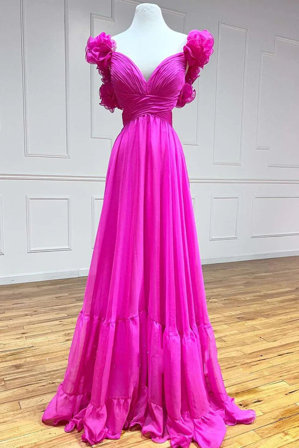 Wholesale Fashion Lace-Up Fuchsia Evening Dress V-Neck Ruffle Pleated Long Prom Dress