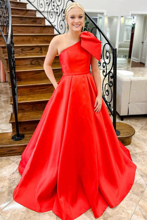 Wholesale Red Evening Dress One Shoulder Bow Tie Satin Prom Dress with Pockets