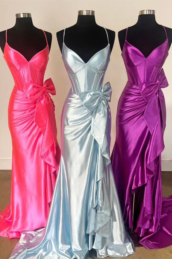 Wholesale Elegant Evening Dress Straps V-Neck Satin Mermaid Prom Dress with Bow