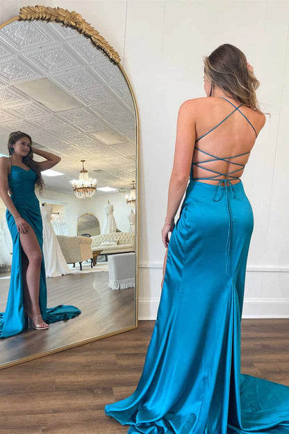 Wholesale Fashion Straps Evening Dress Teal V-Neck Ruched Long Prom Dress