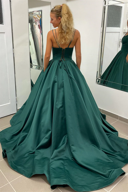 Wholesale A-line Evening Dress Hunter Green V-Neck Satin Elegant Long Prom Dress