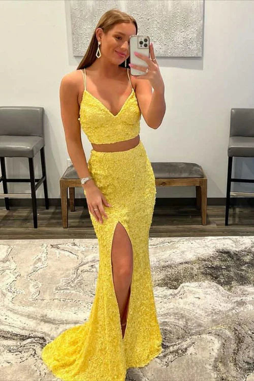 Wholesale Two Piece Fashion Graduation Dresses Mermaid Sequins Prom Dress with Slit