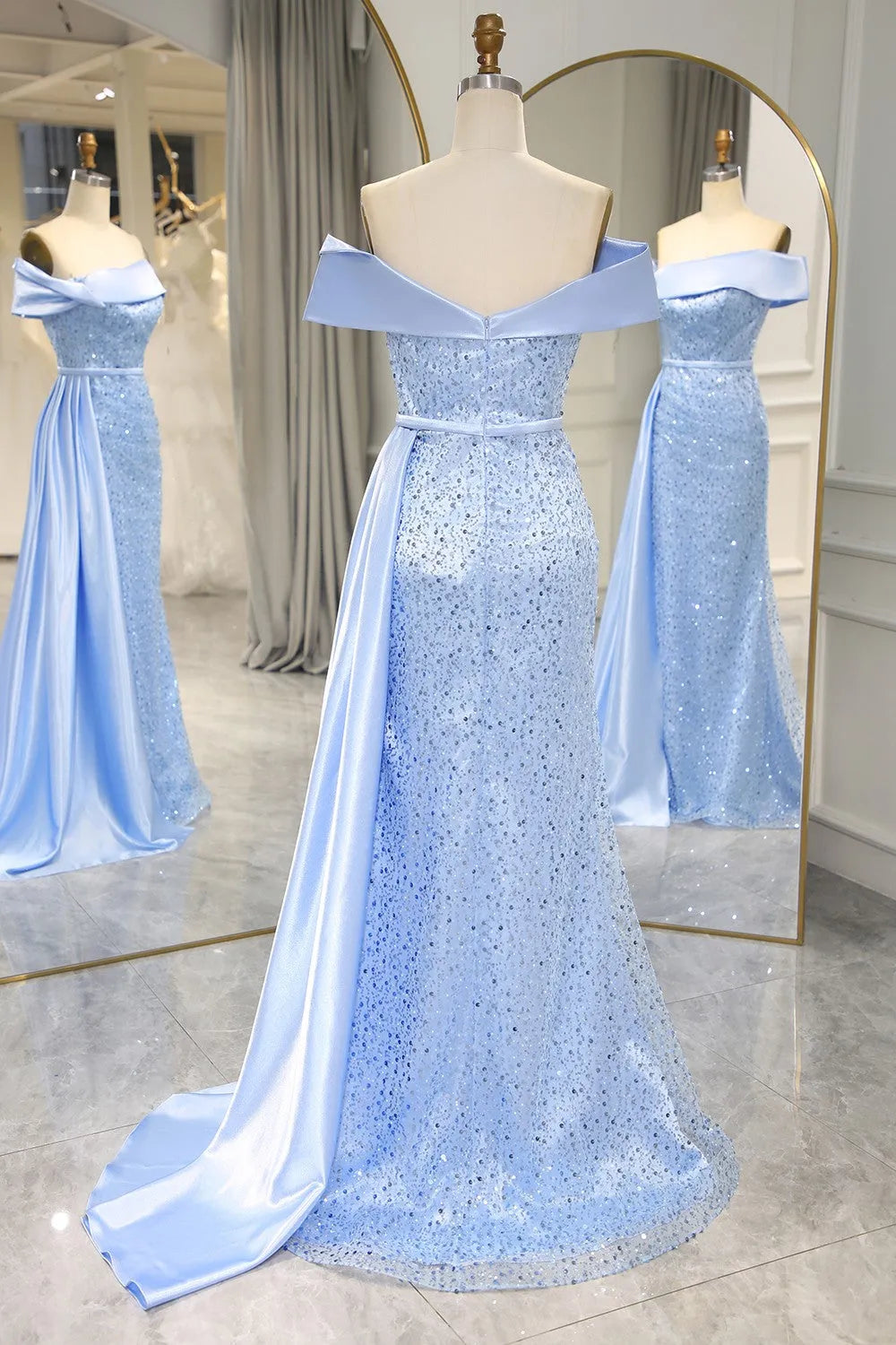 Wholesale Glitter Blue Off The Shoulder Mermaid Long Prom Dress with Split