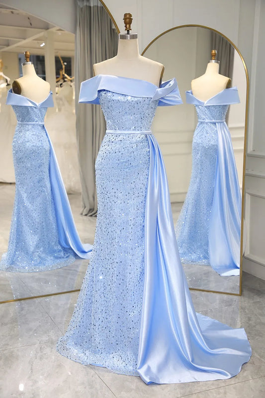 Wholesale Glitter Blue Off The Shoulder Mermaid Long Prom Dress with Split