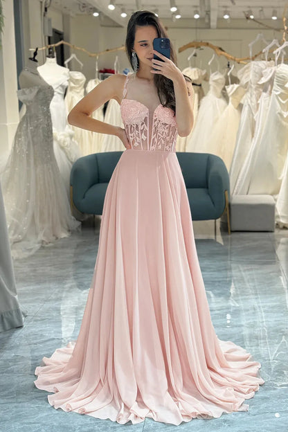 Wholesale Long Chiffon Prom Dress Spaghetti Straps With Appliques