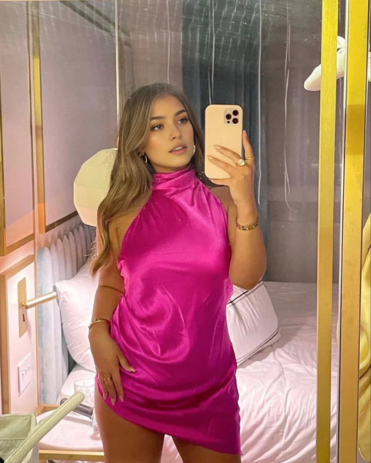 Aimishang Fashion Halter Sleeveless Satin Homecoming Dress Short Birthday Party Dress Simple Mini Dress