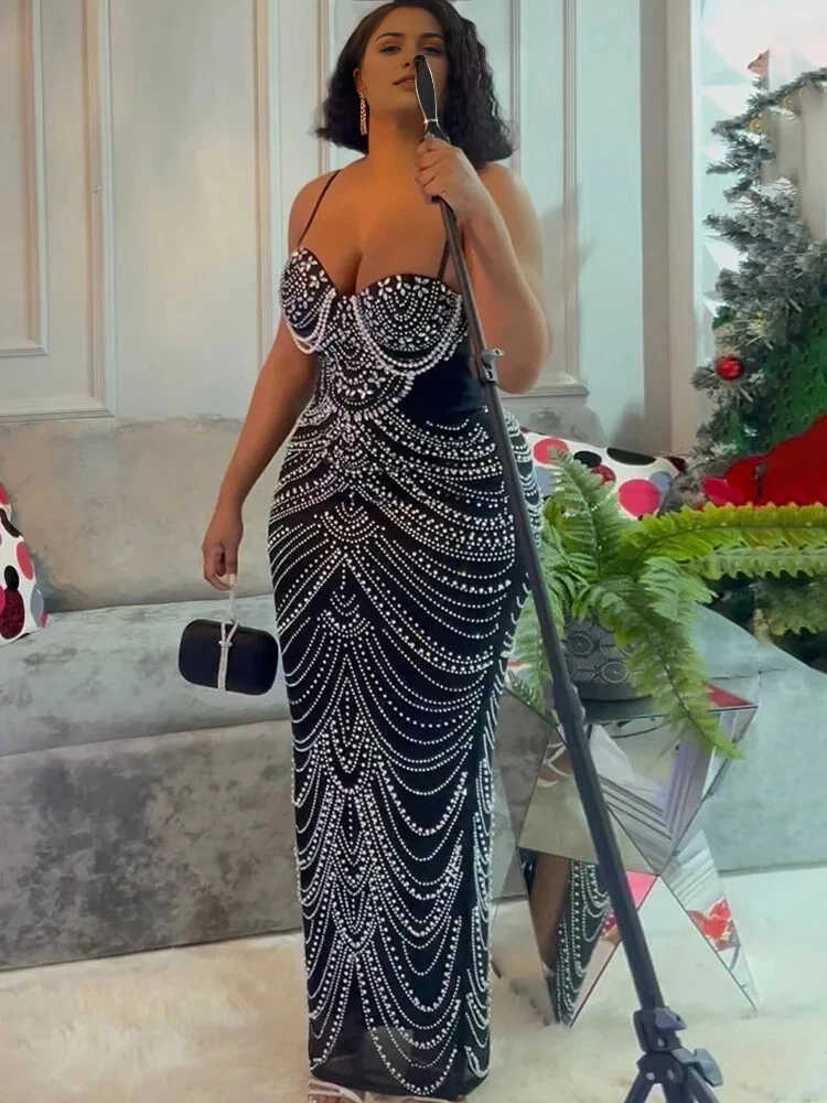 Aimishang Fashion Sheath Straps Beaded Rhinestone Long Prom Dresses Charming Evening Dress Sexy Birthday Party Outfits