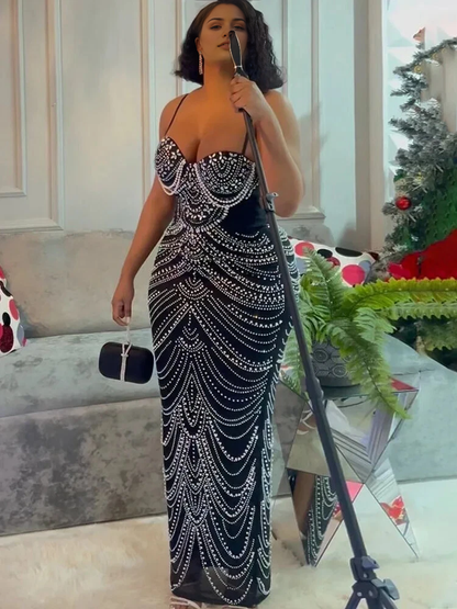 Aimishang Fashion Sheath Straps Beaded Rhinestone Long Prom Dresses Charming Evening Dress Sexy Birthday Party Outfits