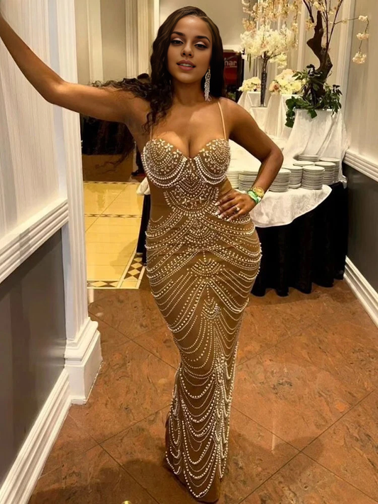 Aimishang Fashion Sheath Straps Beaded Rhinestone Long Prom Dresses Charming Evening Dress Sexy Birthday Party Outfits