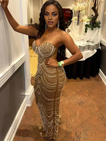 Aimishang Fashion Sheath Straps Beaded Rhinestone Long Prom Dresses Charming Evening Dress Sexy Birthday Party Outfits