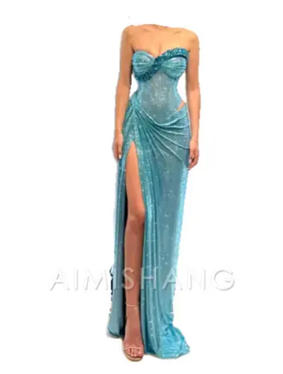Aimishang Fashion Sheath Strapless Long Prom Dress Charming Formal Evening Gown Glitter Party Dress with Slit