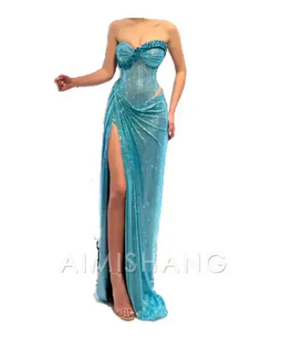 Aimishang Fashion Sheath Strapless Long Prom Dress Charming Formal Evening Gown Glitter Party Dress with Slit