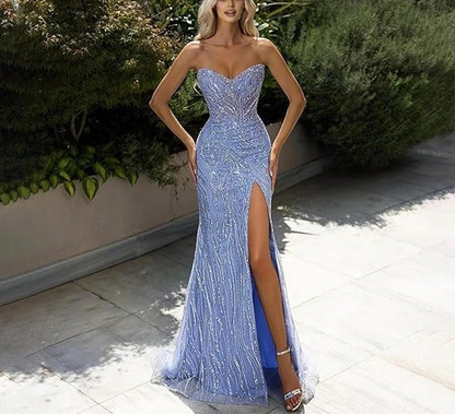 Aimishang Fashion Shiny Strapless Sequins Long Prom Dress Charming Evening Party Dress Women's Dresses With Slit