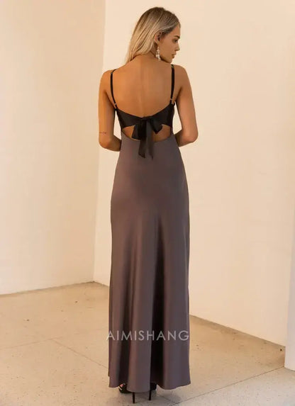 Aimishang Fashion Spaghetti Straps V-neck Sleeveless Long Prom Dress Simple Maxi Dress Elegant Evening Party Dress