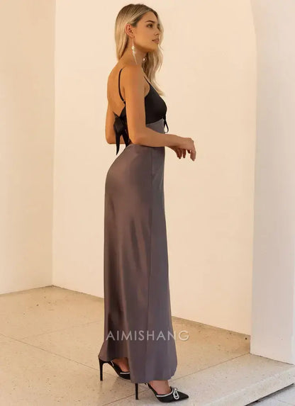 Aimishang Fashion Spaghetti Straps V-neck Sleeveless Long Prom Dress Simple Maxi Dress Elegant Evening Party Dress