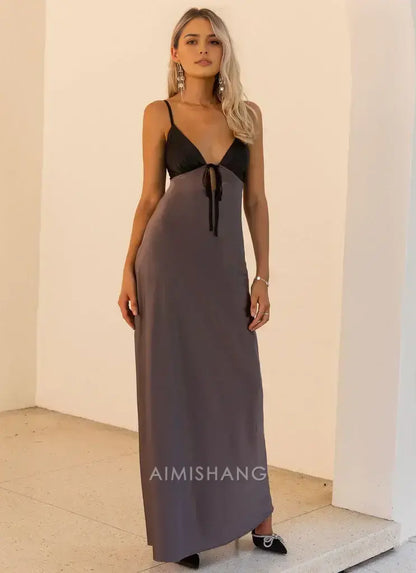 Aimishang Fashion Spaghetti Straps V-neck Sleeveless Long Prom Dress Simple Maxi Dress Elegant Evening Party Dress