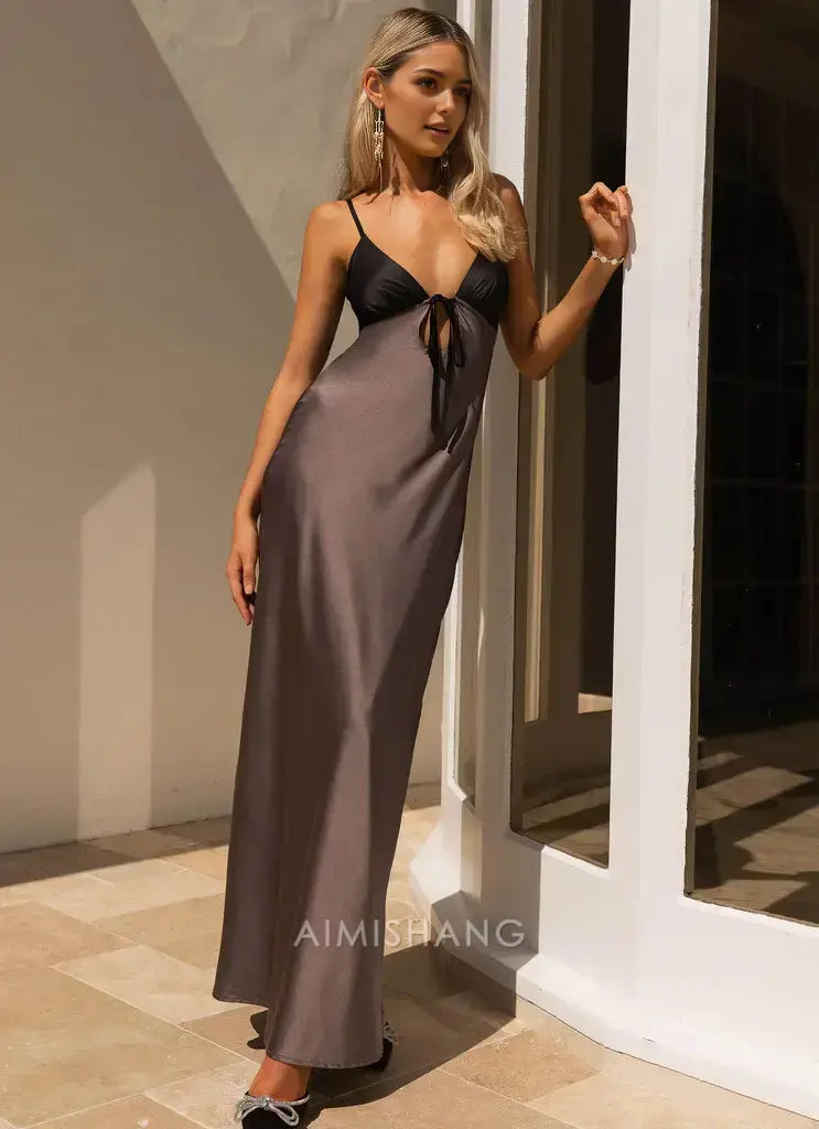 Aimishang Fashion Spaghetti Straps V-neck Sleeveless Long Prom Dress Simple Maxi Dress Elegant Evening Party Dress