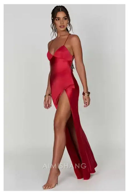 Aimishang Fashion V-neck Spaghetti Straps Sleeveless Prom Dress Simple Evening Party Dress With Slit