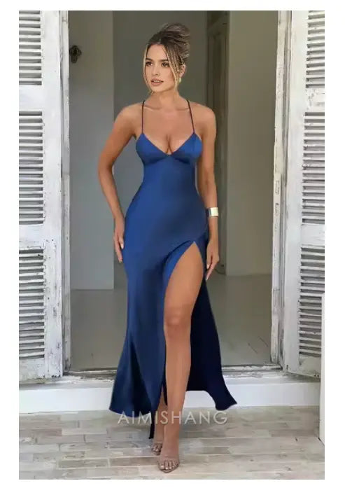 Aimishang Fashion V-neck Spaghetti Straps Sleeveless Prom Dress Simple Evening Party Dress With Slit