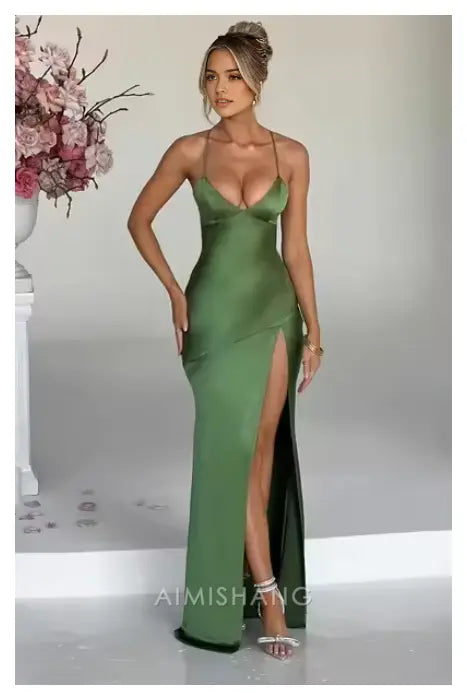 Aimishang Fashion V-neck Spaghetti Straps Sleeveless Prom Dress Simple Evening Party Dress With Slit