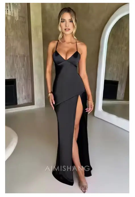 Aimishang Fashion V-neck Spaghetti Straps Sleeveless Prom Dress Simple Evening Party Dress With Slit