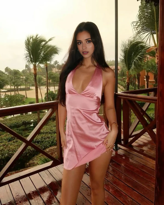 Aimishang Fashion V Neck Halter Satin Homecoming Dress Short Graduation Dress Simple Birthday Party Dress