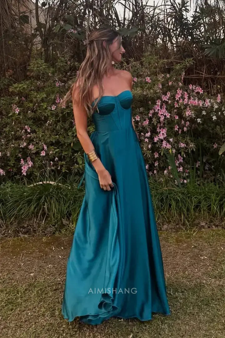 Aimishang Fashion A-Line Sweetheart Sleeveless Satin Long Prom Dress Simple Party Dress Charming Evening Gown