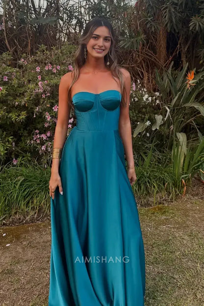 Aimishang Fashion A-Line Sweetheart Sleeveless Satin Long Prom Dress Simple Party Dress Charming Evening Gown