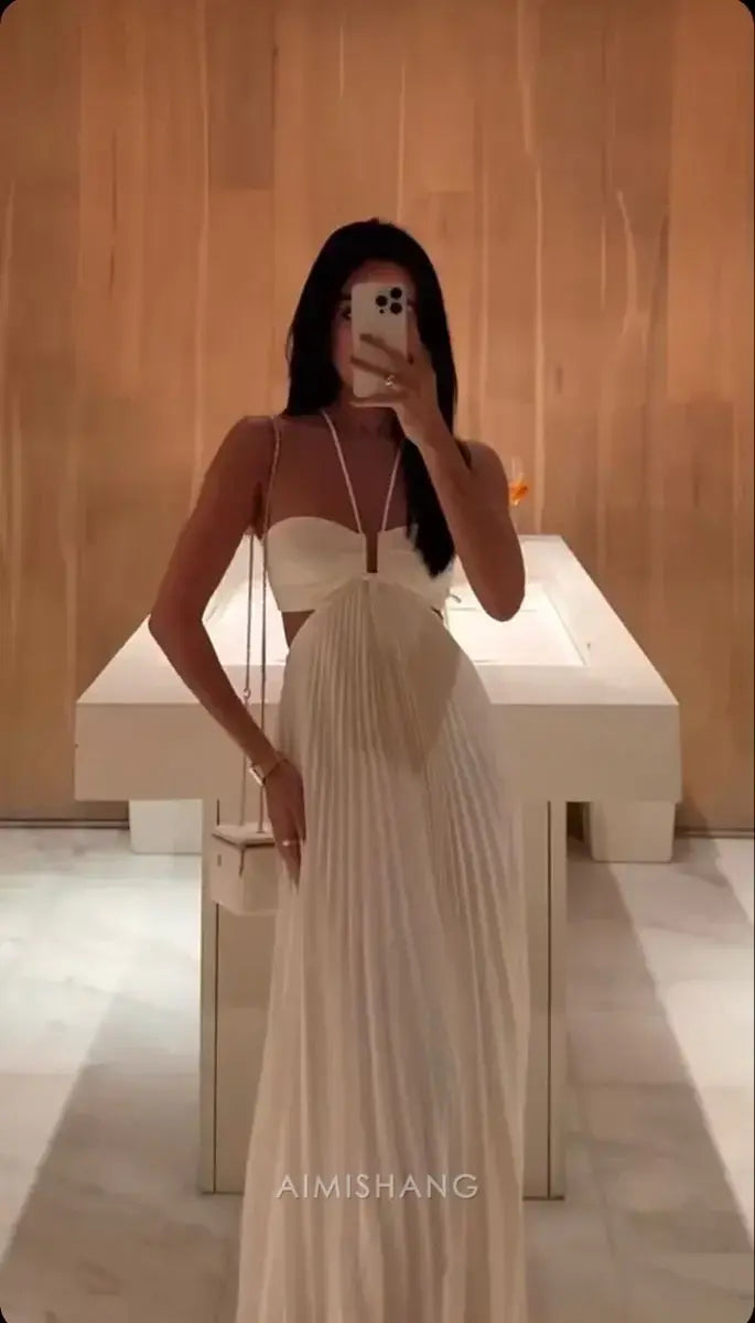 Aimishang Fashion A Line Pleated Sleeveless Party Evening Gown Elegant Summer Dress Long Wedding Dress