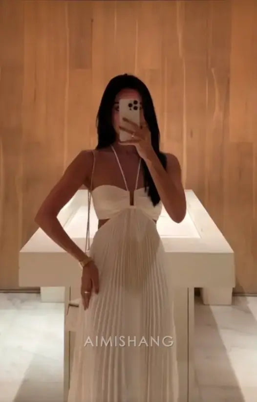 Aimishang Fashion A Line Pleated Sleeveless Party Evening Gown Elegant Summer Dress Long Wedding Dress