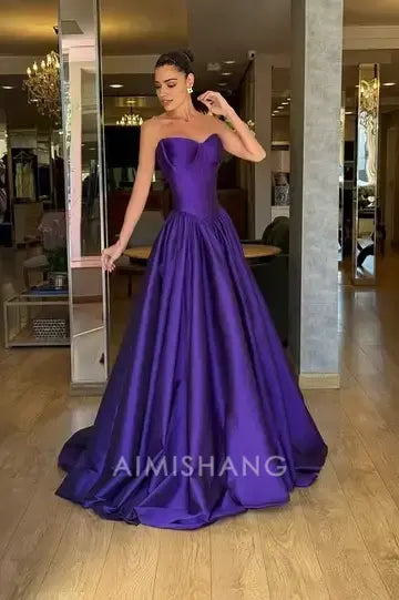 Aimishang Fashion A Line Satin Strapless Sleeveless Long Formal Prom Dress Elegant Wedding Guest Dress Simple Evening Party Gown