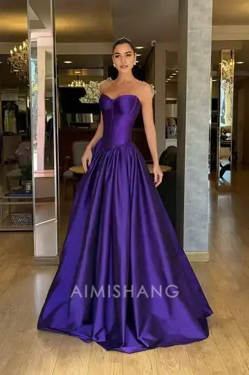 Aimishang Fashion A Line Satin Strapless Sleeveless Long Formal Prom Dress Elegant Wedding Guest Dress Simple Evening Party Gown