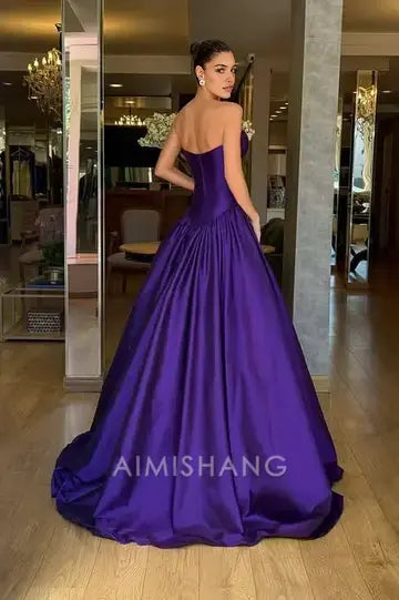 Aimishang Fashion A Line Satin Strapless Sleeveless Long Formal Prom Dress Elegant Wedding Guest Dress Simple Evening Party Gown
