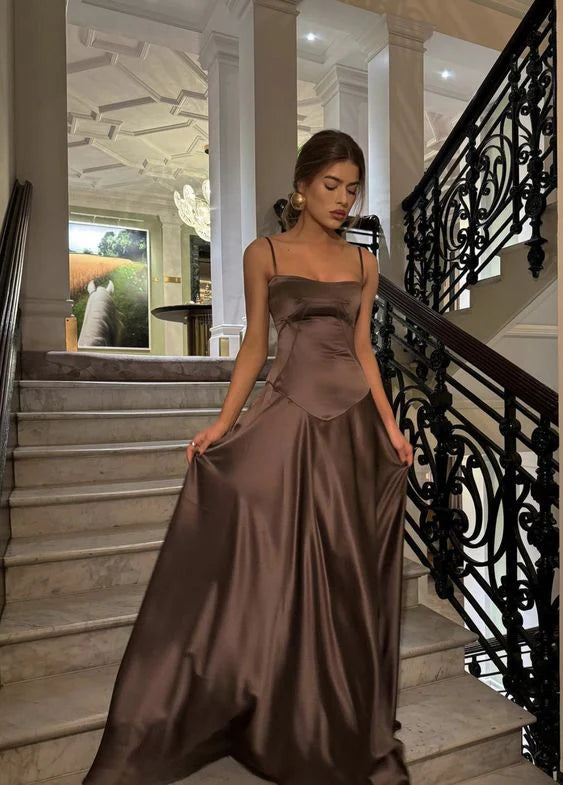 Aimishang Fashion A Line Spaghetti Straps Sleeveless Satin Long Prom Dress Charming Party Evening Gown Elegant Graduation Dress