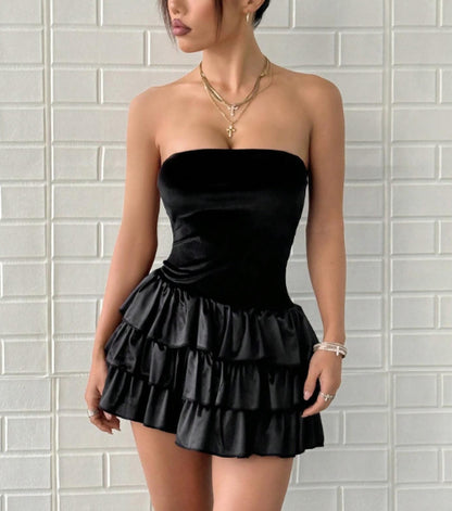 Aimishang Fashion A Line Strapless Layered Black Short Summer Birthday Party Dress Classy Graduation Homecoming Dress