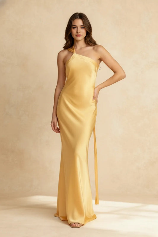 Aimishang Fashion Asymmetrical Neck Sleeveless Satin Maxi Dress Stylish Party Evening Gown
