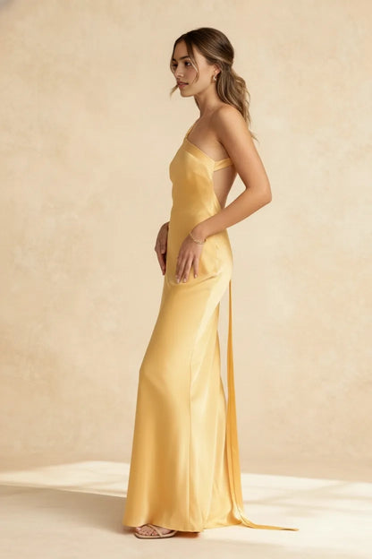 Aimishang Fashion Asymmetrical Neck Sleeveless Satin Maxi Dress Stylish Party Evening Gown